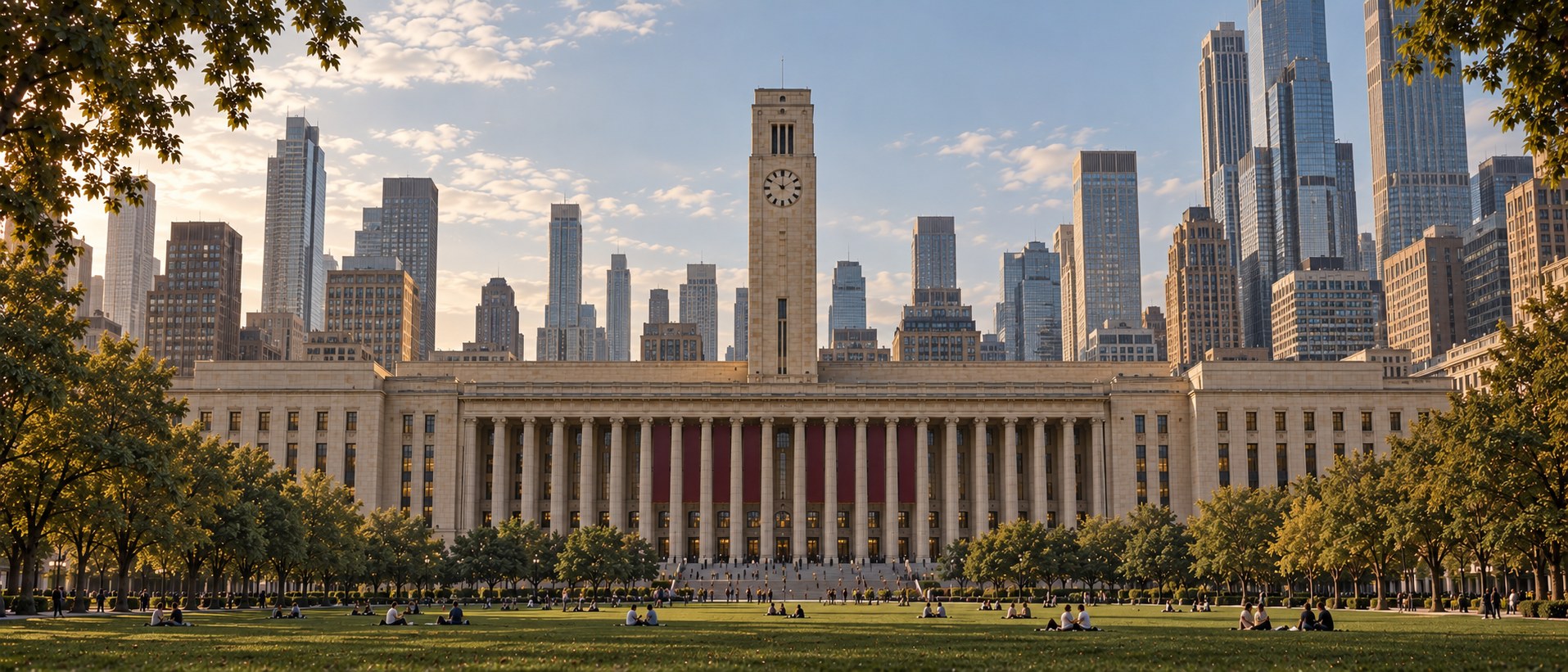 City Hall, a long limestone building with a central clock tower, seen across the meadow of Central Park with office towers behind.