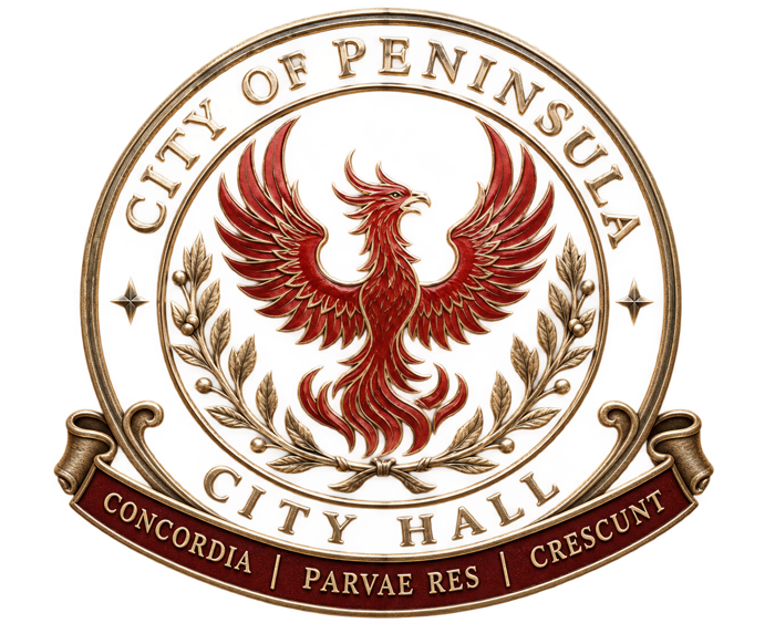 The seal of the City of Peninsula: a red phoenix within a laurel wreath, above a ribbon reading Concordia parvae res crescunt.